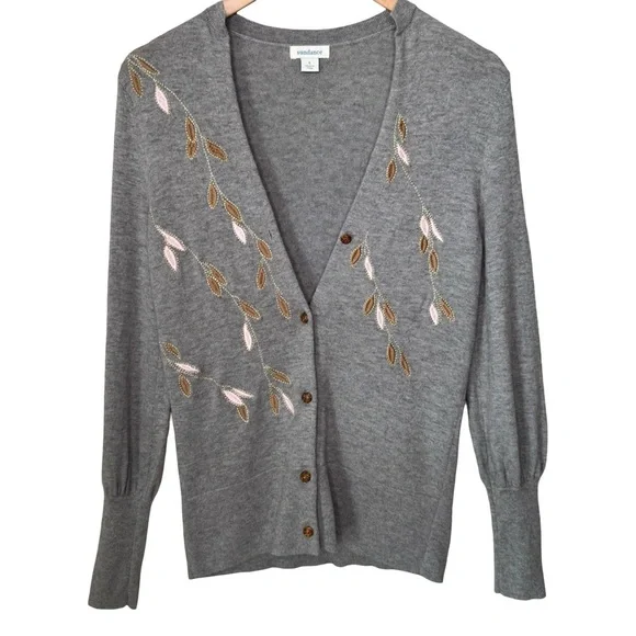 SUNDANCE Afterlight Gray Embroidered Cardigan Merino Wool Cotton Embellished SM - Picture 4 of 16